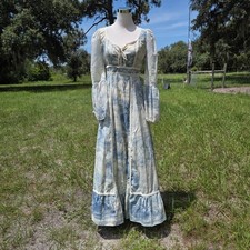 Vintage 70's Boho prairie lace maxi dress Crochet bust long sleeves blue 13