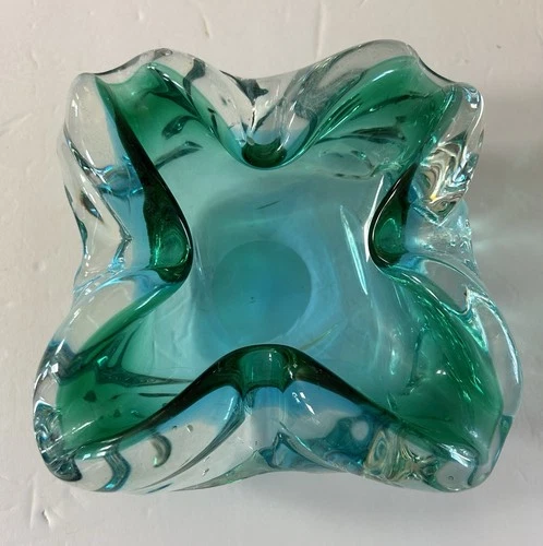 Murano Glass Green  Bowl Ashtray Vintage 4.5" Fluted Edge Gorgeous