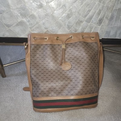 Gucci GG Monogram Brown Bucket Bag Drawstring Stripe Shoulder Gold Hardware