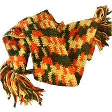 Vintage Hand Crochet Scarf Fall Colors 64  Hippie Hobo 70s Pumpkin Orange Yellow