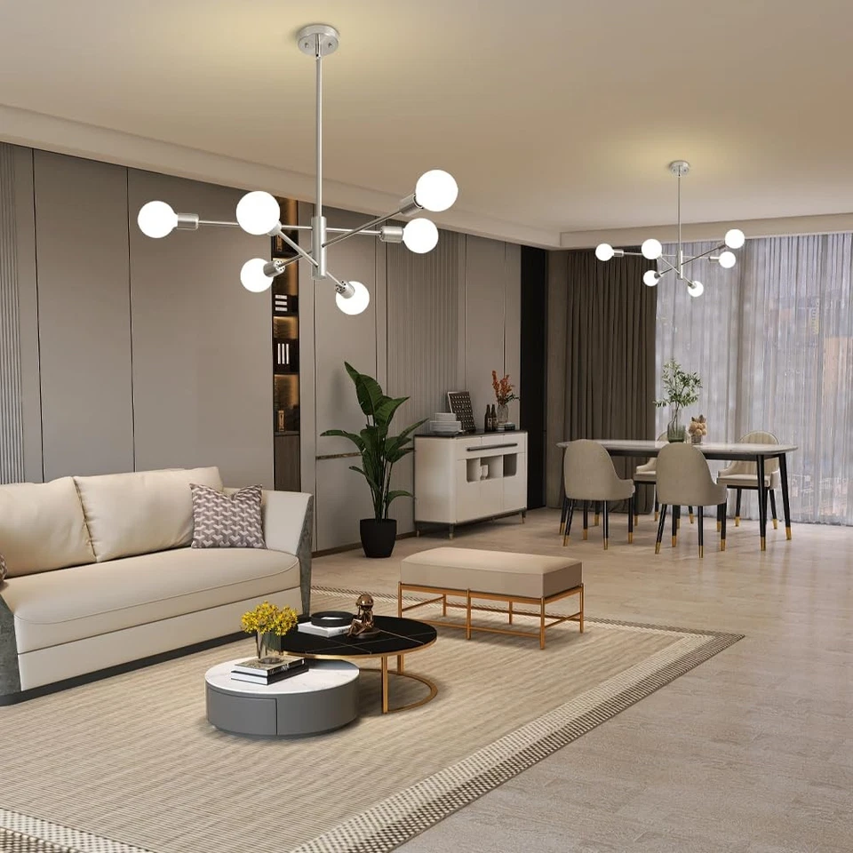 Lámpara de araña Sputnik moderna de níquel cepillado 6 luces techo de mediados de siglo... Foto 3 de 4