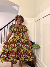 African Ankara Wax Print Yellow Floral adjustable shoulder Fashion Dress