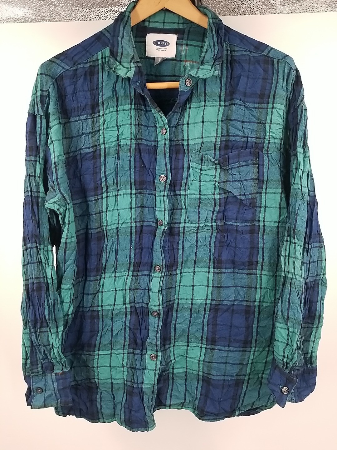 Old Navy Blue Plaid Flannel Long Sleeve Button Down Shirt Women's XL