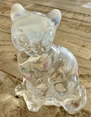 Fenton Glass R. Bauman Signed Hand Painted Flowers Opalescent Cat Figurine