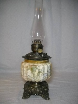 Crown Milano Mt Washington Art Glass Oil Lamp Ruffled Opal Glass Thistle Design