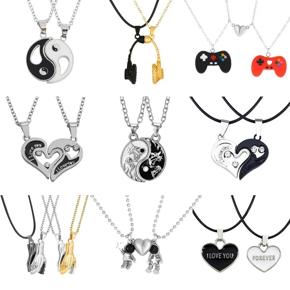 His and Hers Stainless Steel Couple Heart Love Promise Pendant Necklaces 2pcs eB