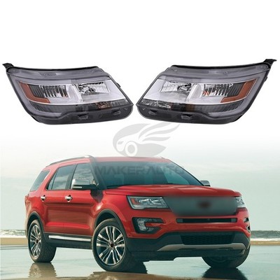 Left+Right Pair Halogen Headlights For 2016-2018 Ford Explorer Chrome w/LED DRL