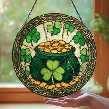 Shamrock Pot of Gold Glass Suncatcher, Celtic Stained Glass Style Window Hanging