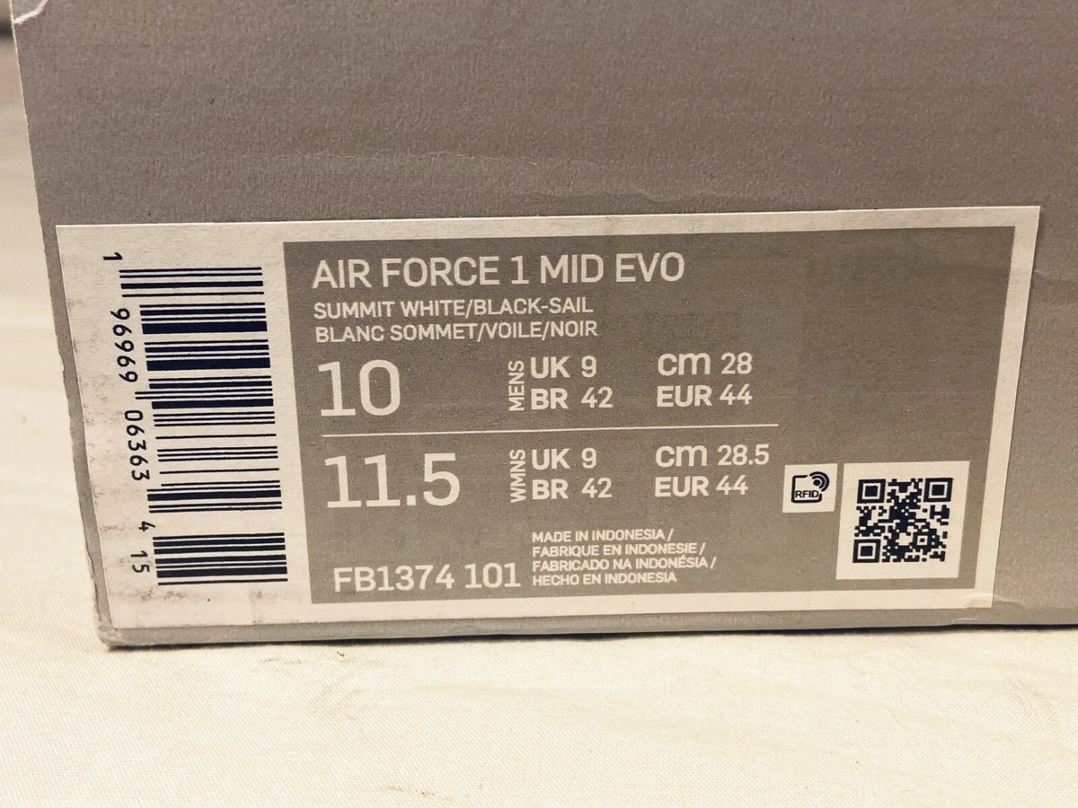 NIKE Air Force 1 Mid EVO FB1374-101 White Black Men's Size 10 NEW