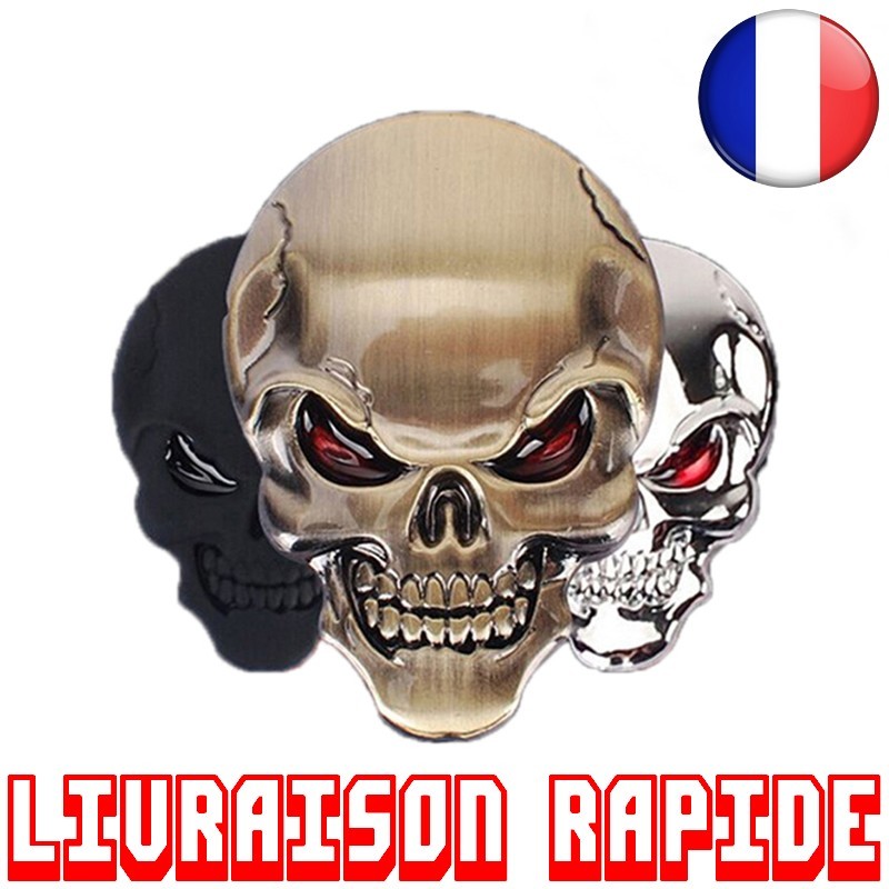 Autocollant 3D Tête De Mort Métal Doré – 34×49 Mm – Sticker Voiture, Moto, Casque, PC
