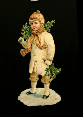 altes Oblaten Glanzbild XXL  24,5 cm  Mädchen mit Tannenbaum  um 1900
