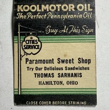 Matchbook Cover Koolmotor Oil Cities Service Station Hamilton Ohio Sarhanis Rest