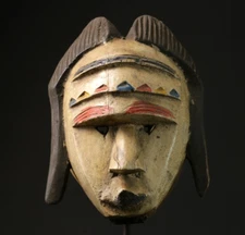 African mask pale face tribal carved wall decor with colored crest detail-5464