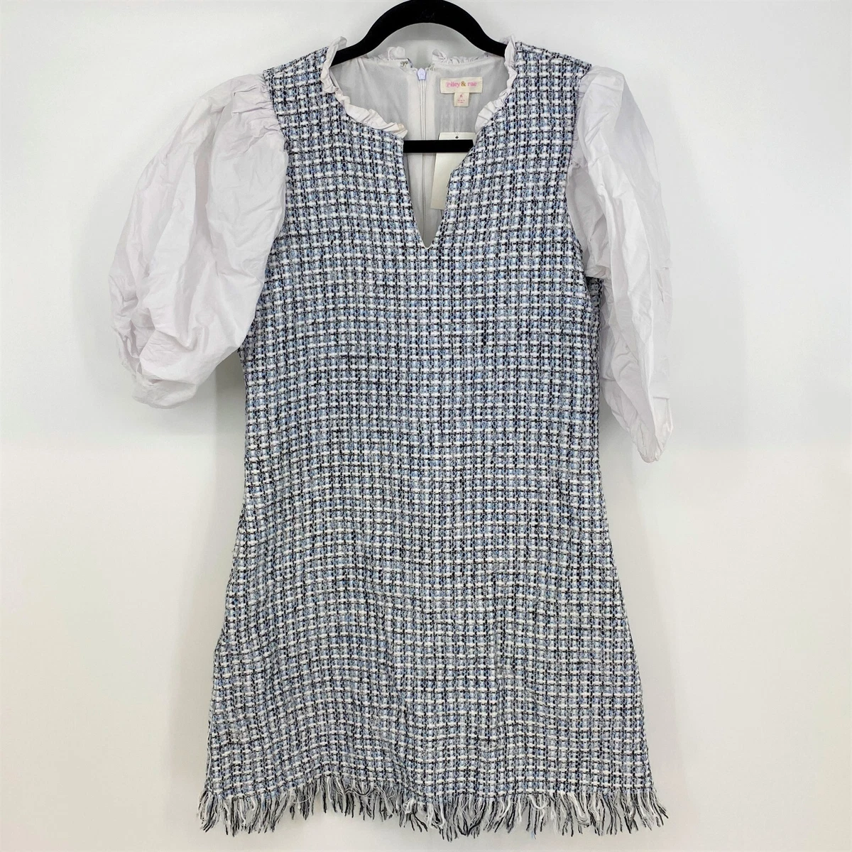Long sleeve frayed hem mini cheap tweed dress