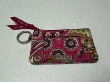 Vera Bradley Coin Purse ID Holder with Keychain Ring Pink Hot Pink Green Zip Up