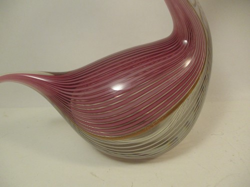 Pair Vintage Maesti Murano Signed Art Glass Swans Large 16" Lattincino Striped - Picture 18 of 18