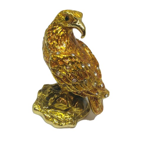 Trinket Box Bald Eagle Gold Tone Metal Rhinestones 4.25"H Hinged New