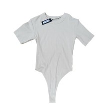 Lounge Essential Ribbed Bodysuit Cream Short Sleeve Stretch Basic Size Large
