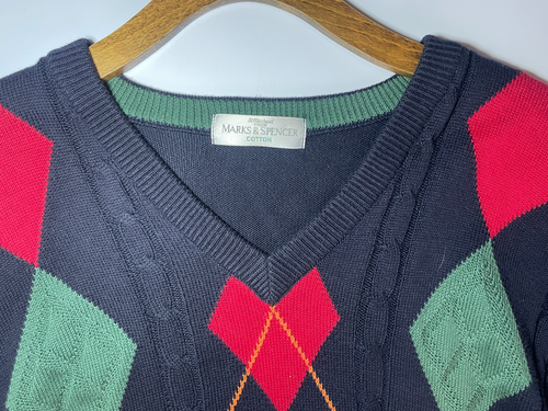 Vintage M&S St Michael Golf Sweater Size M Mens Diamond Argyle V Neck Jumper - Picture 2 of 9