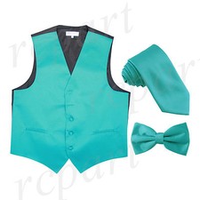 New Men's Solid Tuxedo Vest Waistcoat Necktie  Bowtie Set Party Prom Teal Blue