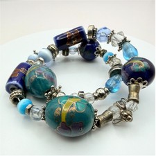 Vintage Y2K Polycrome Floral Glass Bead Memory Wire Bracelet Silver Tone Jewelry