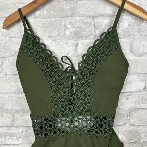 Becca Siren Crochet Trim Swimsuit Size Small One Piece Plunge Olive Green - Picture 2 of 13