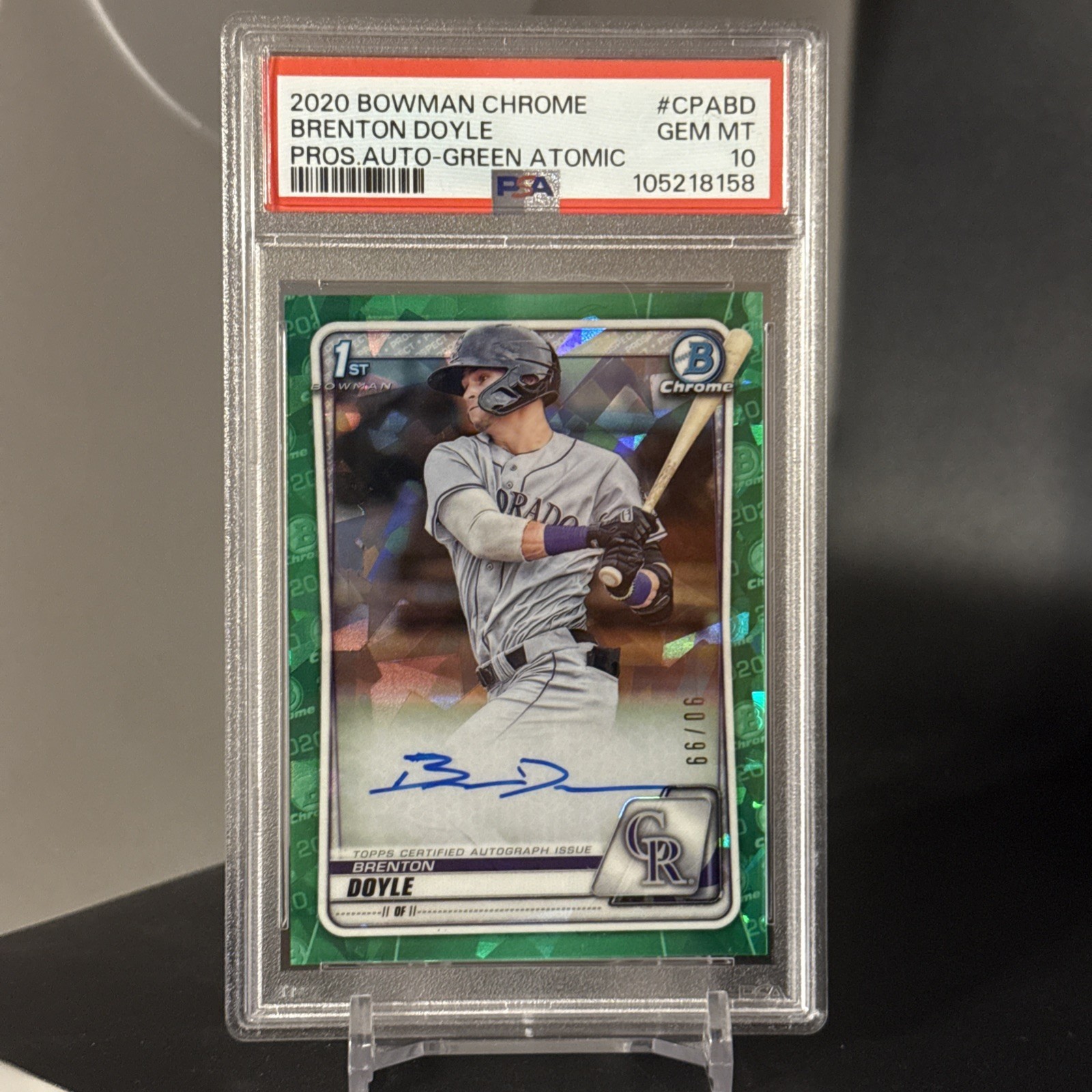 2020 Bowman Chrome Prospect Brenton Doyle Green Atomic Refractor Auto /99