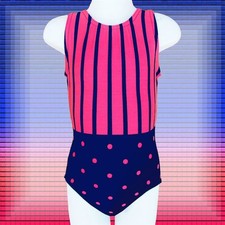 Gymnastics Leotard Girls sz CS Child 6 Navy, Orange Red Dots  Stripes New Leo