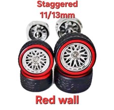 5 Sets BBS Chrome/Red Wall Staggered 11/13mm Rims  Real Rider Rubber Tires 1/64