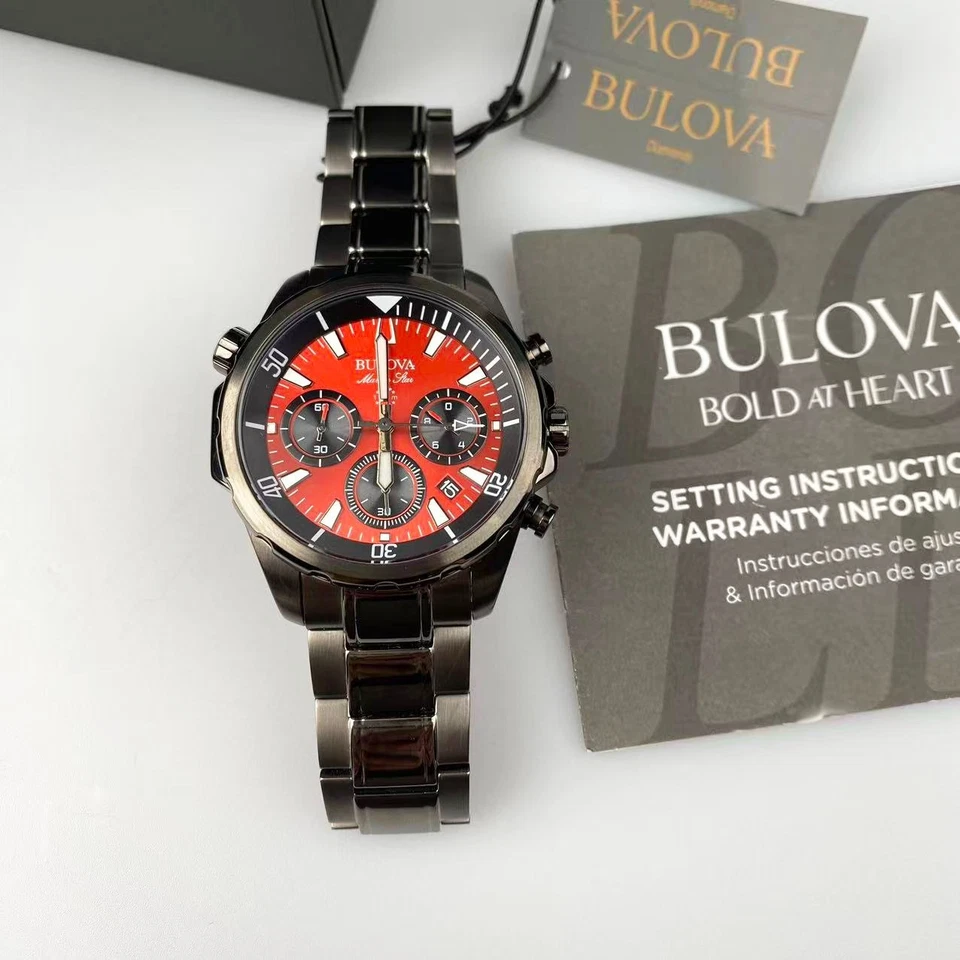 Nuevo Bulova Marine Star Reloj Hombre Cronógrafo Cuarzo Esfera Roja 98B350 43 mm Foto 4 de 4
