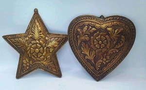 Vintage Copper Separate Wall Heart & Star Wall Art W/Floral Design Centers 5.5"