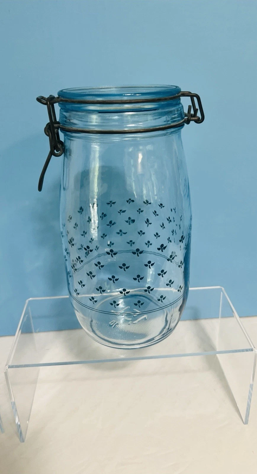 VTG Lovely 8.5” Mason Jar With Lid~ Blue Floral Farmhouse Cottage Decor~NICE!!!