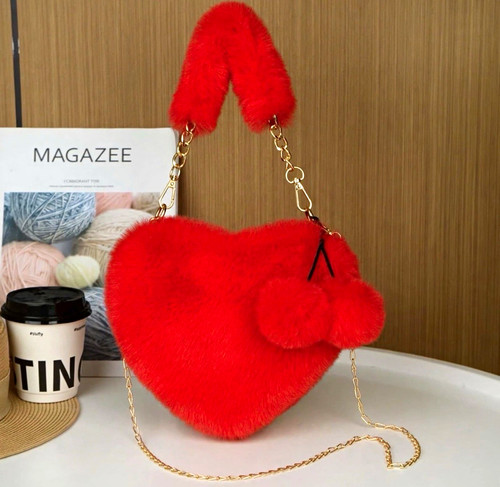 Women's Red Faux Fur Heart Crossbody Bag Gold Chain Strap Zip Closure Small