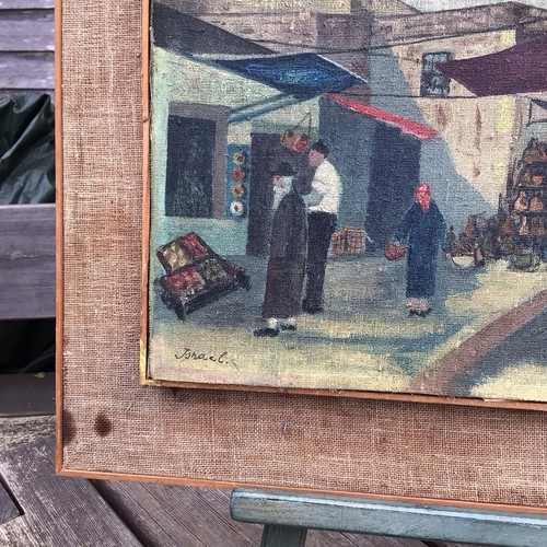 Vintage Retro naives Ölgemälde eines israelischen Marktes signiert datiert 1965 - Bild 6 von 16