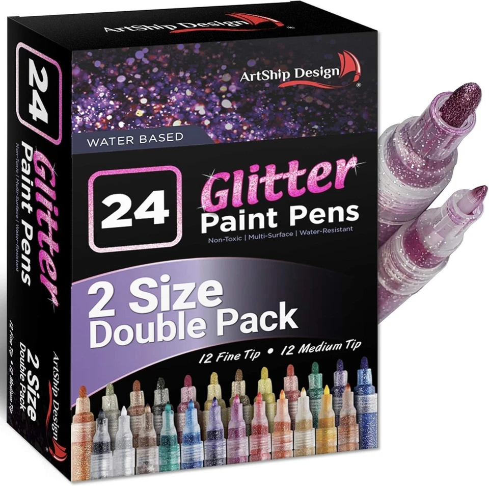 24 Non-Toxic Glitter Paint Pens - Extra Fine & Medium Tips for Versatile Art - Image 3 of 4