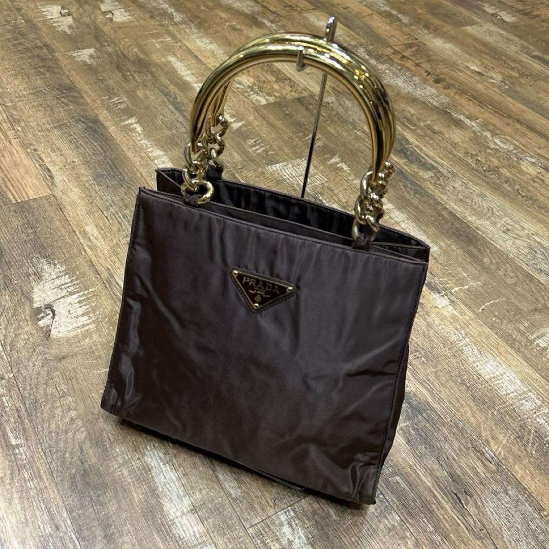 Prada Gold Chain Handle Nylon Handbag Black