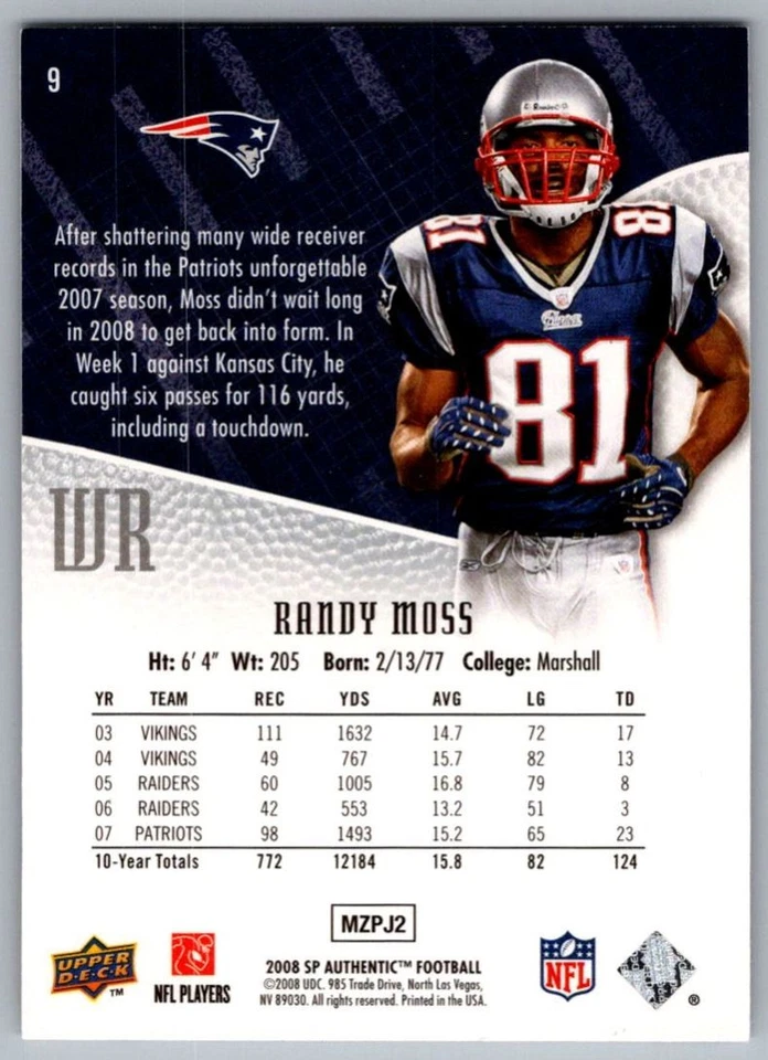 2008 SP Authentic Randy Moss New England Patriots #9 - Image 2 of 2