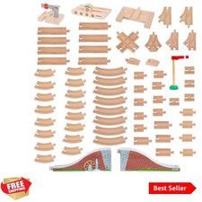 Wooden Train Tracks 68 Pcs Expansion Pack with Arched Bridge, Engine Barge, D...