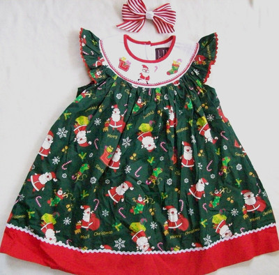 Girl 2T: NWOT SMOCKED *LIL CACTUS* GREEN SANTA CHRISTMAS DRESS; HAIRBOW BARRETTE