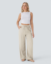 Halara Trousers Linen Feel Beige Cream Wide Leg Regular LARGE - NEW &pound;30