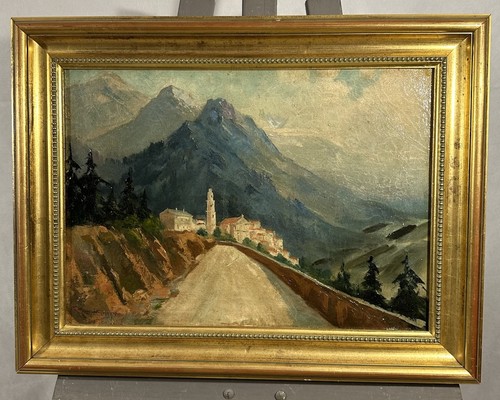 Ancienne huile sur panneau signée : vue présumée du Piémont en Italie