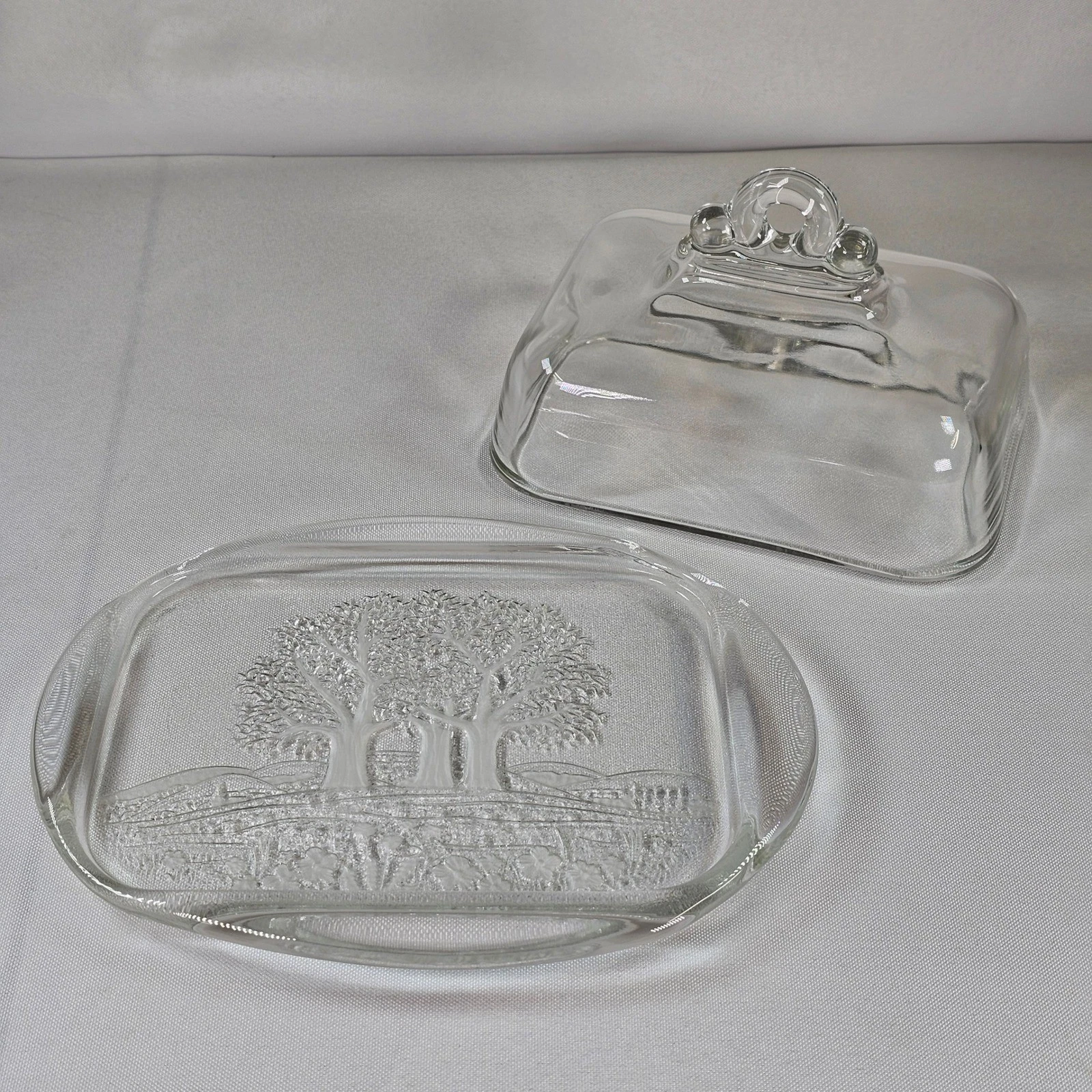 Vintage Walther Glas Clear Glass Butter Dish Trees Embossed Pattern Covered 8in