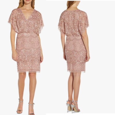 Adrianna Papell Flutter Sleeve Beaded Cocktail Dress Women's Dress : 6