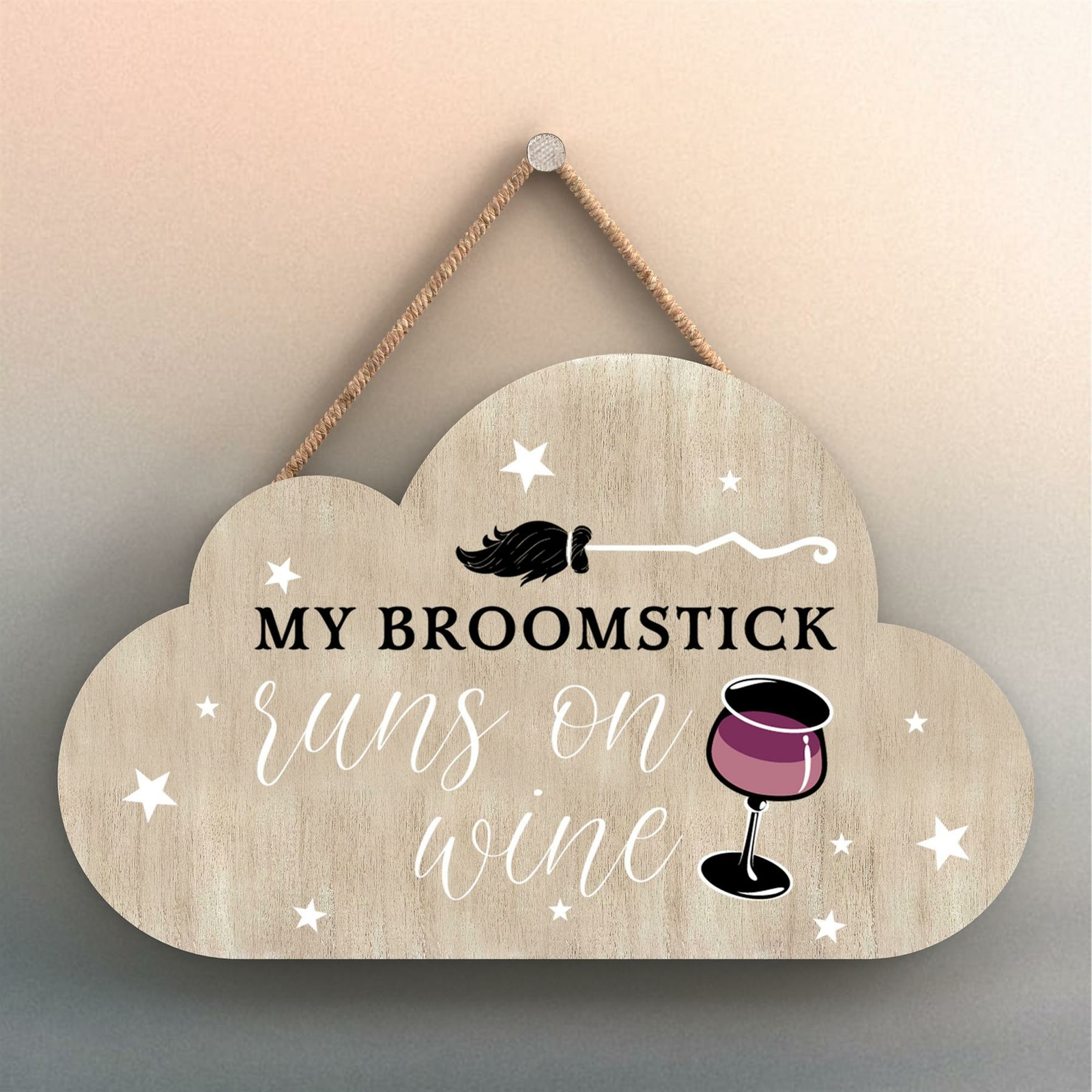 BROOMSTICK RUNS ON WINE CLOUD SHAPED WITCHCRAFT THEMED HALLOWEEN WOODEN PLAQUE