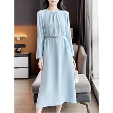Real Silk Crew Neck Womens Loose Elegant Dresses Party Long Sleeve A-line Office