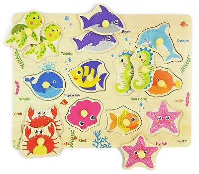 Wooden Peg Puzzle Sea Creature Chunky Baby Puzzles Colorful Wood Shape Puzzle...