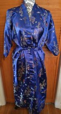 Vintage Plants Silk Blue Dragon Embroidered Belted Robe 3/4 Sleeves Women Large