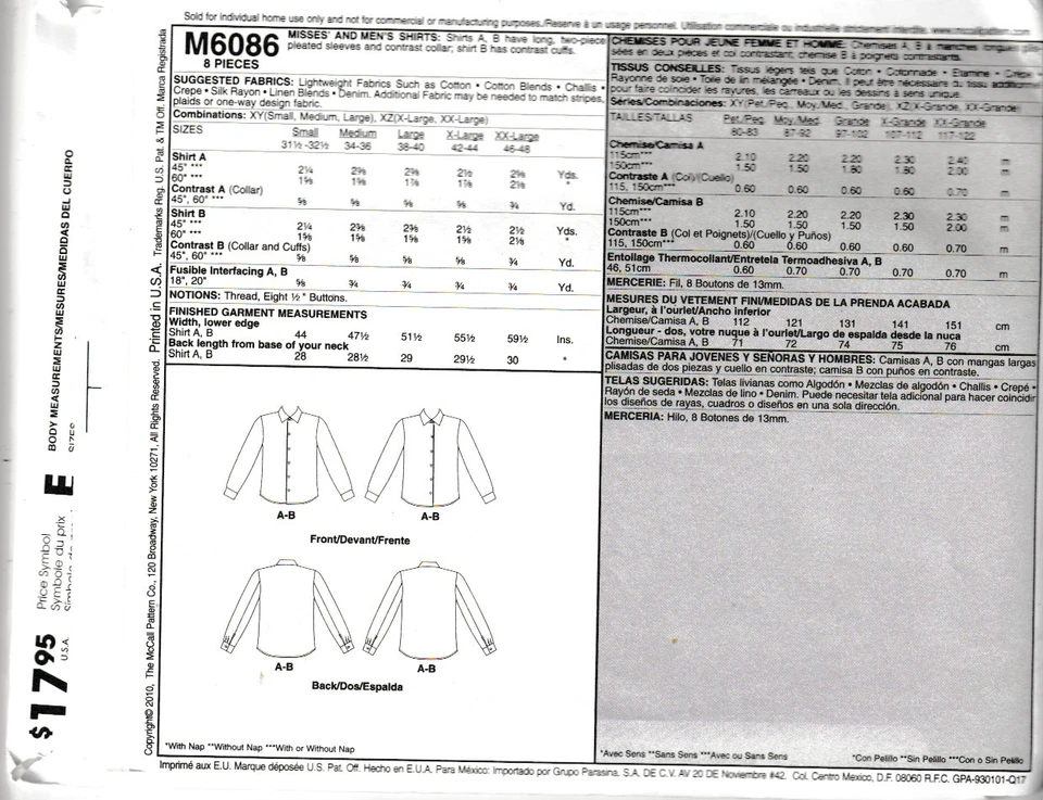 McCall's Pattern M6086, Misses & Mens Button Down L/S Shirts. 31.5-48, FF - Image 2 of 2