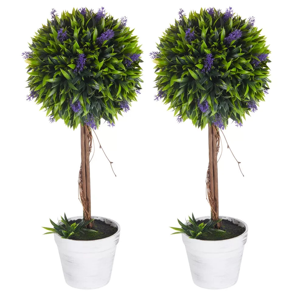 Set of 2 Potted Artificial Plants Ball Tree with Lavender Flowers - 60cm
