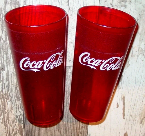 2 Vintage Coca-Cola Logo Ruby Red Plastic 16oz Stacking Restaurant Soda Fountain